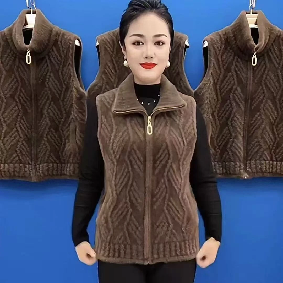 妈妈装仿水貂绒马甲外套女秋冬季宽松洋气加厚短款马夹上衣女