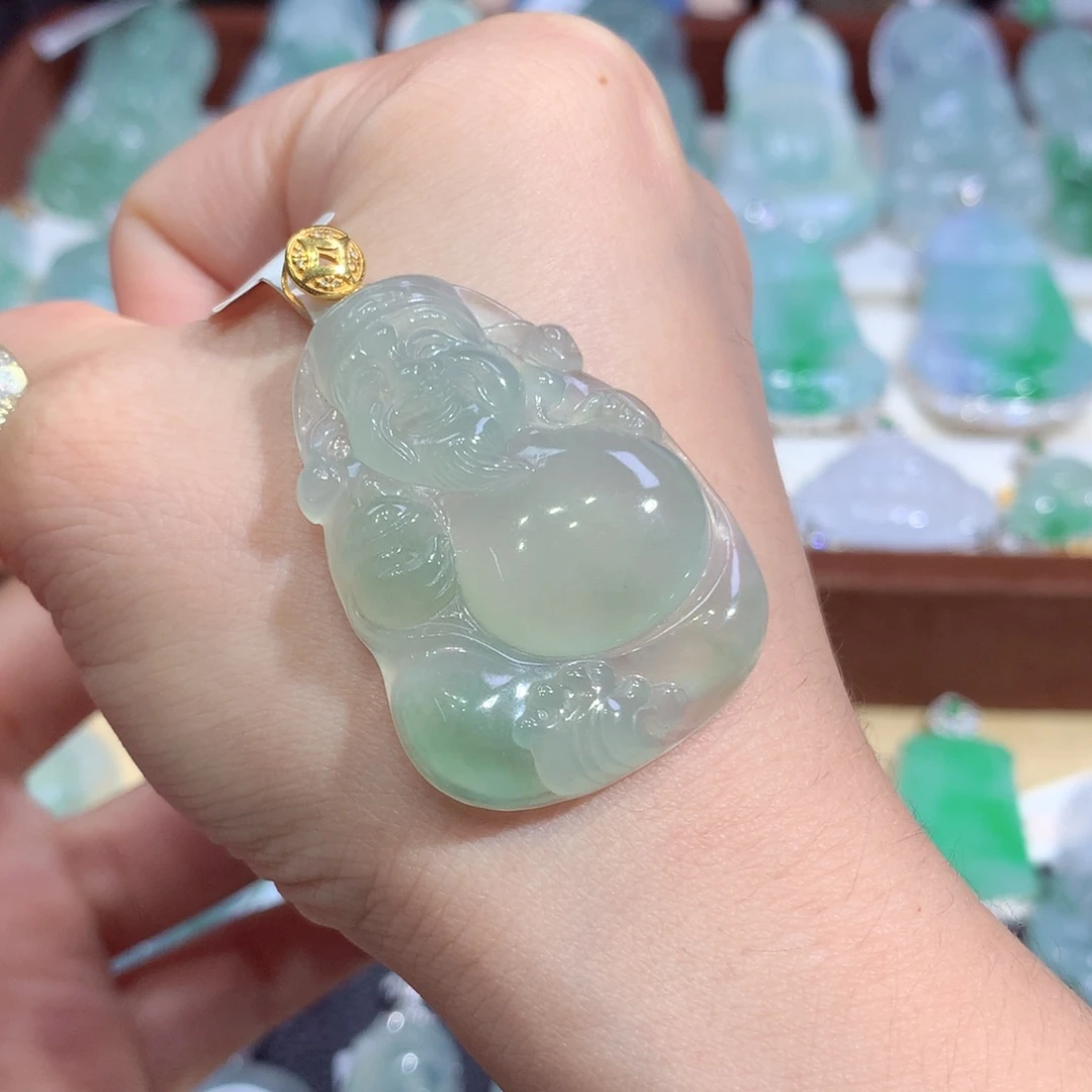 吊坠(不含链)18K金镶嵌翡翠天然缅甸A货翡翠揭阳工财神爷