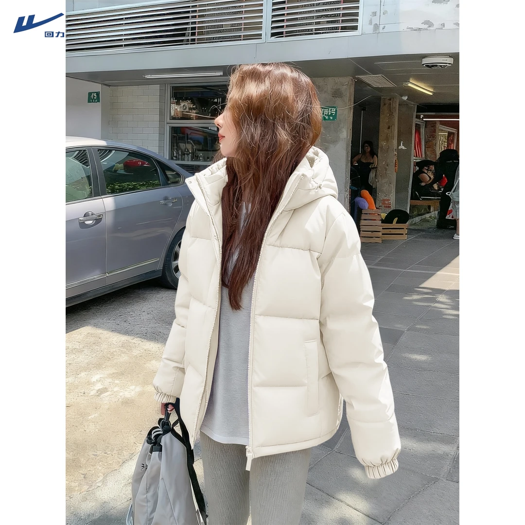 回力白色连帽棉服女2025新款冬季宽松休闲慵懒风加厚保暖外套洋气