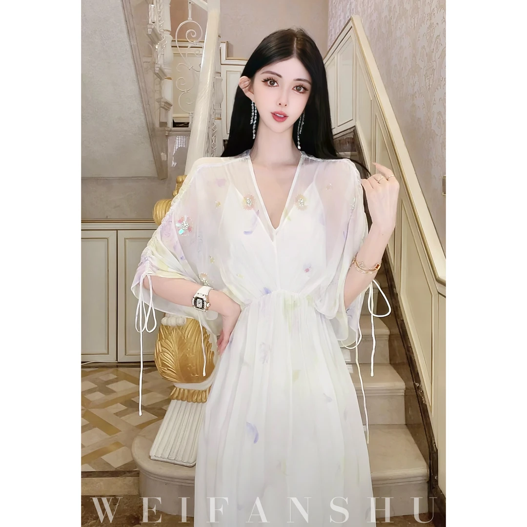 WEIFANSHU/魏凡舒【浪漫温茶】春夏新款重工高级感V领真丝连衣裙