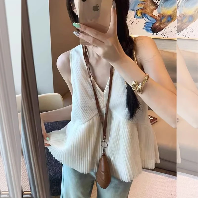 法式压褶V领无袖上衣女士2025新款夏季遮肚子小衫时尚洋气T恤背心