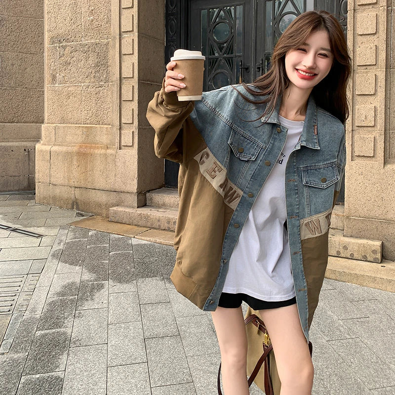 设计感炸街牛仔拼接外套女2025春秋新款韩版宽松休闲减龄夹克上衣