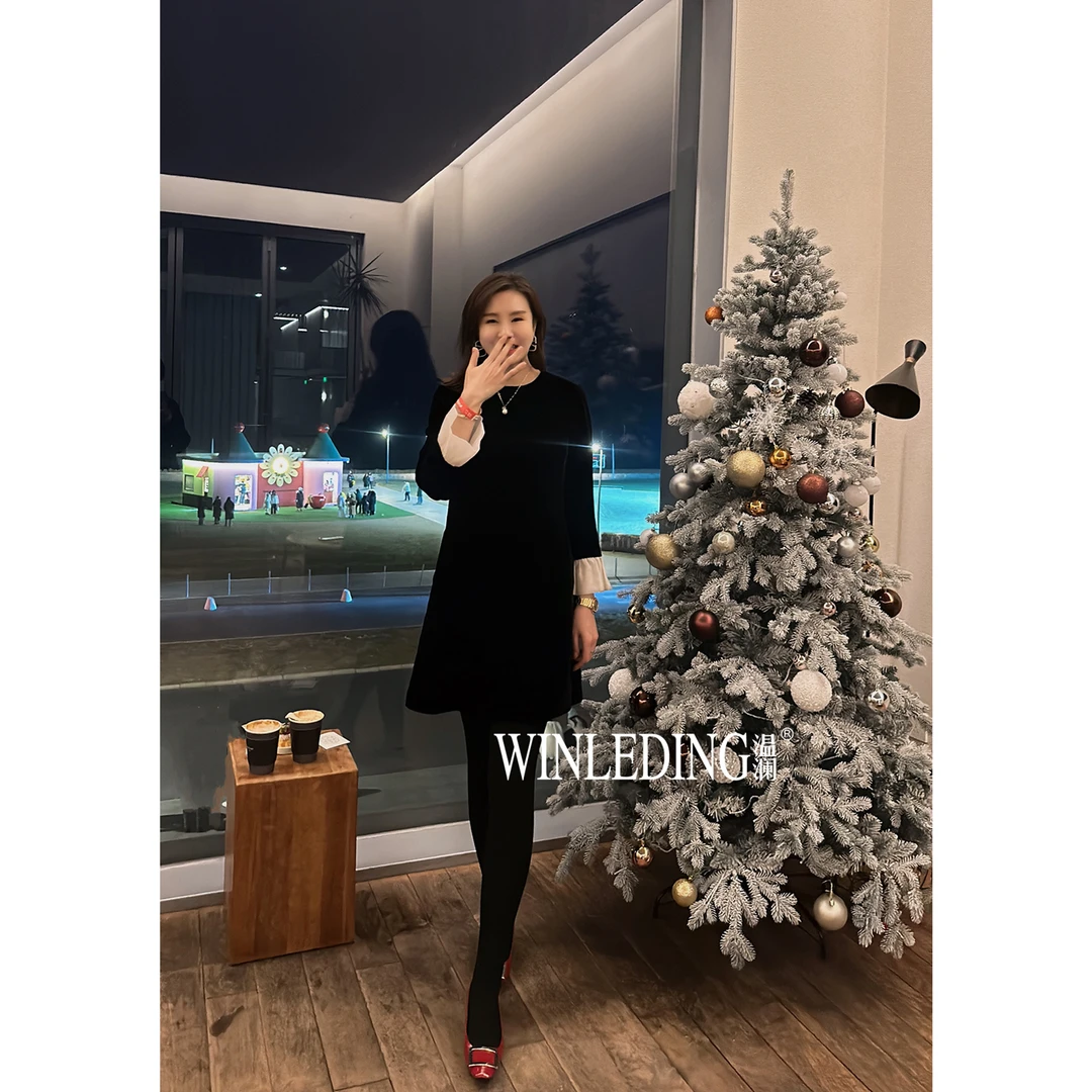 温澜服饰·雅“芸薇”袖口拼接圆领丝绒连衣裙女2025新款秋冬款10539