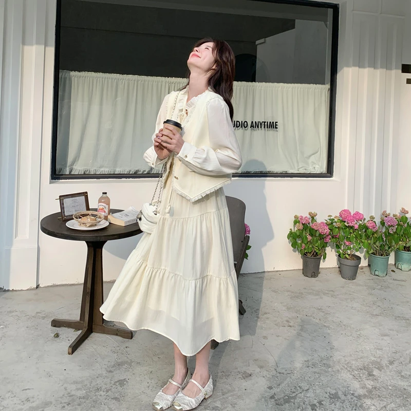 小香风毛边马甲连衣裙2025春秋新款韩系ins风温柔风设计感套装裙