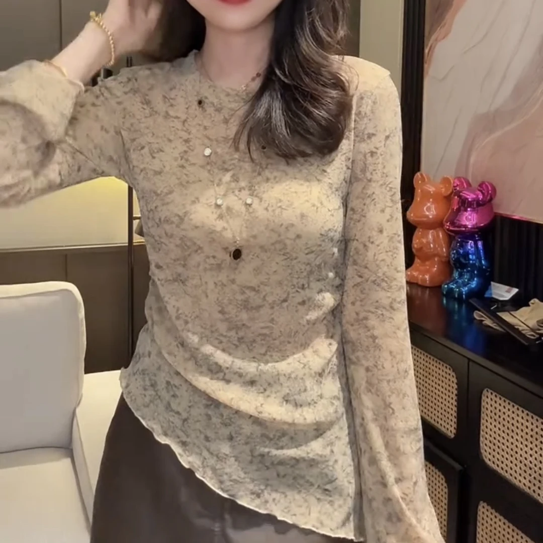 2025早秋新款法式晕染不规则下摆长袖网纱上衣女小衫显瘦洋气