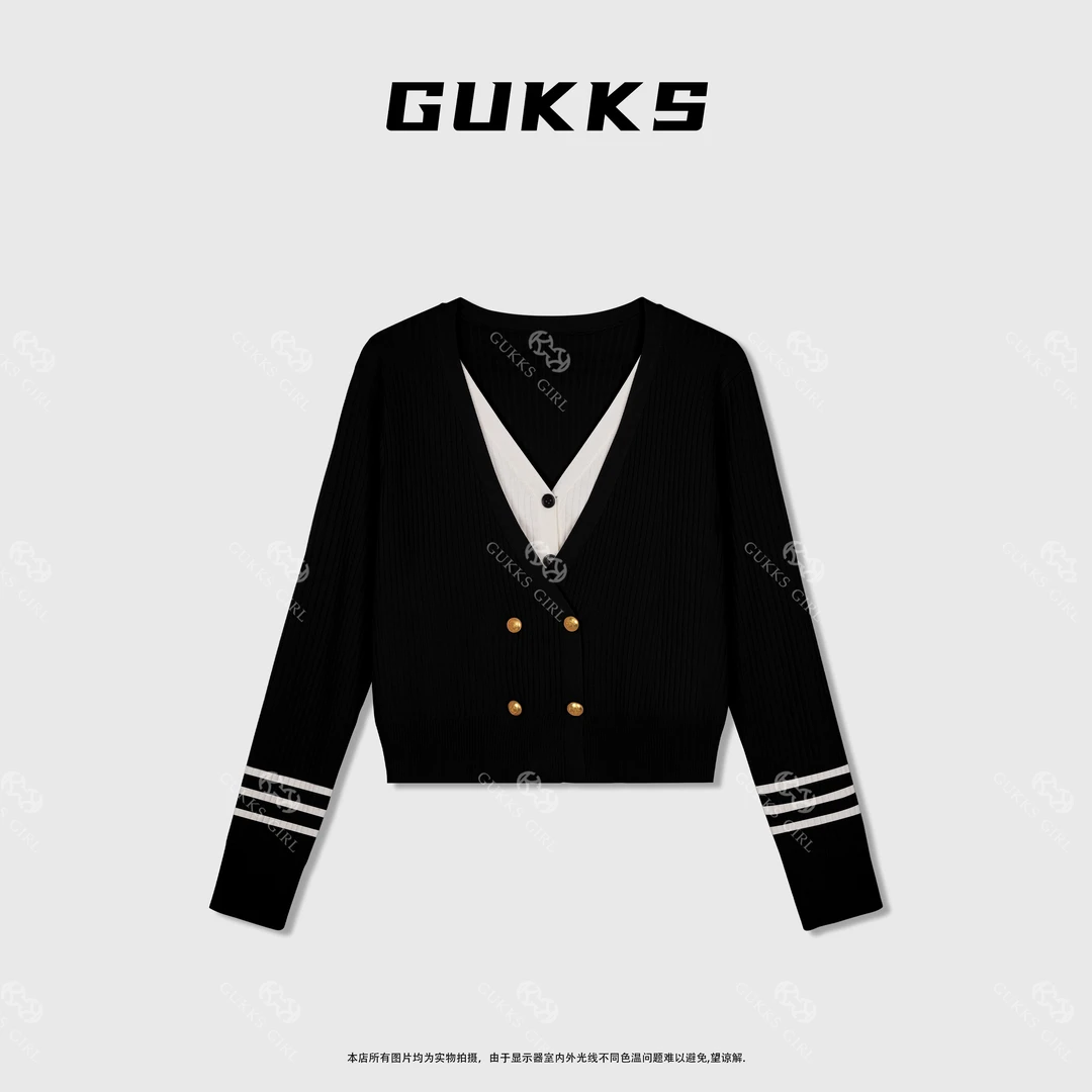娜娜GUKKS/2025新款韩版刺绣双排扣V领学院风假两件针织开衫外套