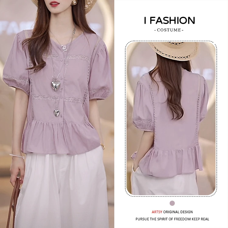 法式时尚泡泡袖衬衫女2025年夏季新款洋气时髦百搭粉色上衣