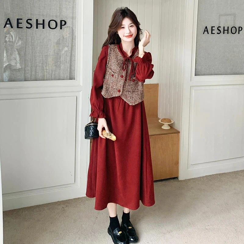 安可拉红小香风马甲连衣裙套装女2025春季新高级感气质长裙两件套