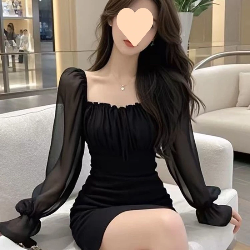 2025春新款修身黑色长袖连衣裙拼接网纱新款性感收腰晚宴场合女装