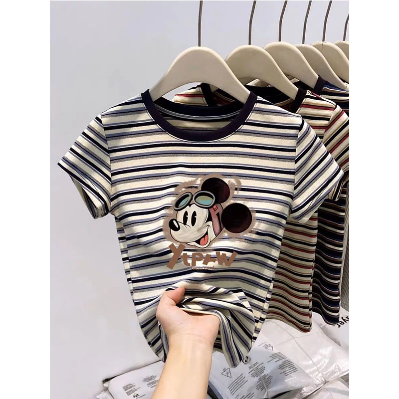 圆领撞色条纹短袖T恤女2025夏季设计感小众洋气减龄显瘦正肩上衣