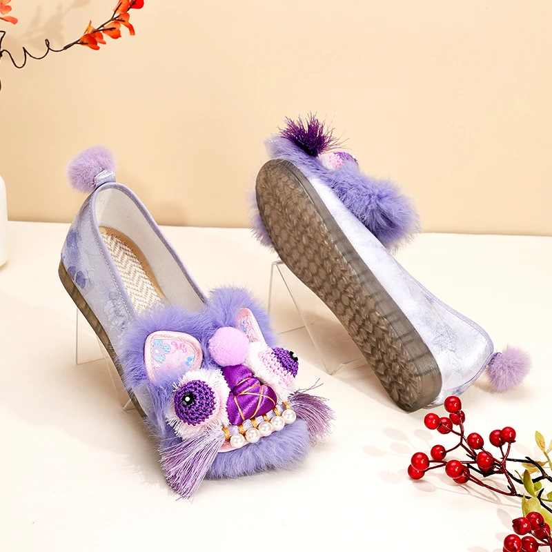 【单鞋】新款真毛虎头鞋民族鞋手工鞋平底绣花鞋民族风2022-223