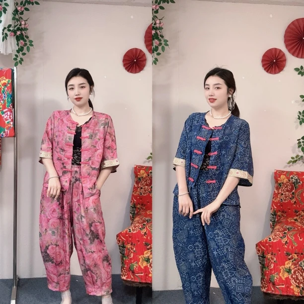 妈妈夏装新中式国风套装女2025新款大码宽松休闲七分袖两件套