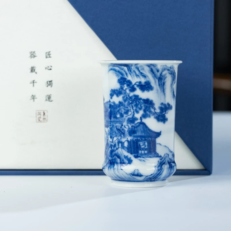 天下惟器柴窑青花楼阁山水直口杯