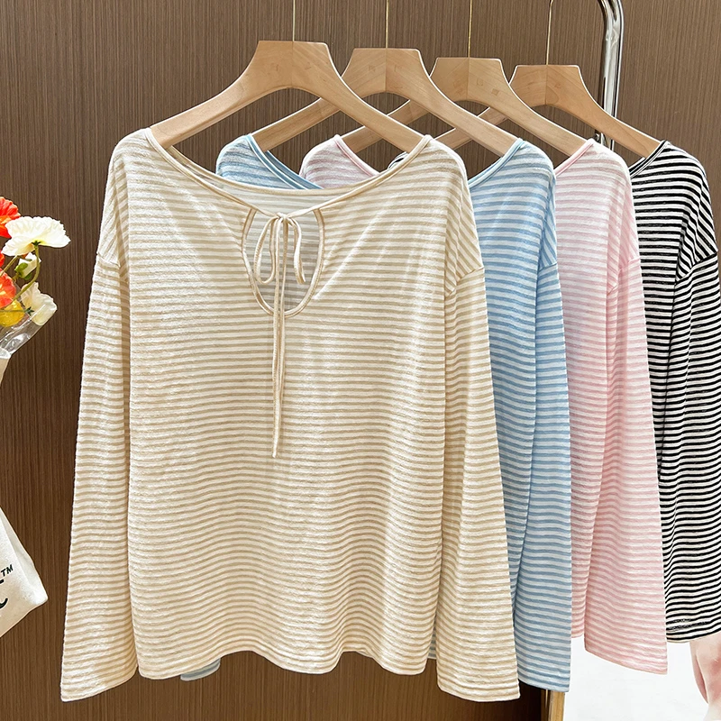 撞色条纹针织防晒长袖t恤女2025新款爆款中长款宽松显瘦系带上衣