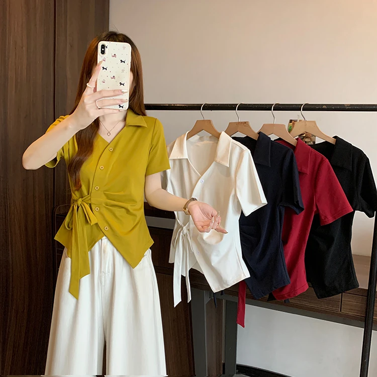 2025夏装新款大码显瘦时尚别致不规则收腰绑带短袖T恤百搭上衣女