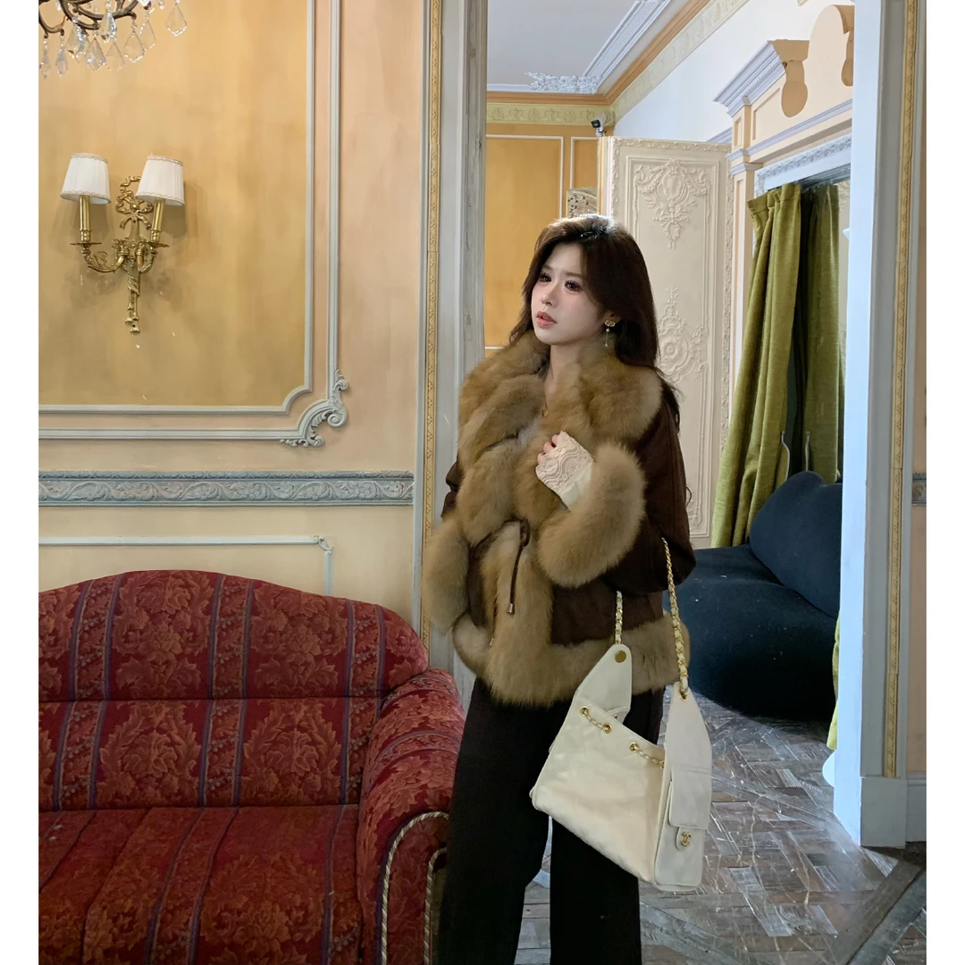 李潇洒【小暖炉】微胖大码红狐狸毛领鹅绒内胆冬美拉德短款羽绒外套