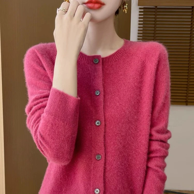 一线成衣桂花针100%纯羊毛衫圆领针织开衫百搭透气N828E