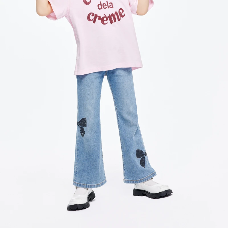 littlemoco童装24夏装新款女童蝴蝶结微喇叭牛仔长裤#KBD2JEN017