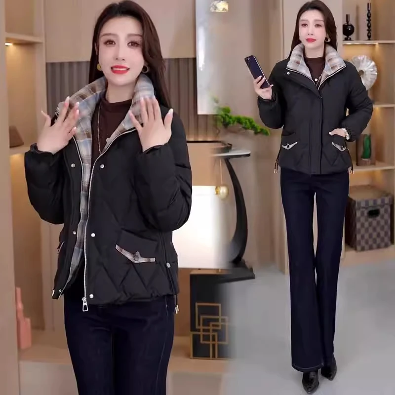 时尚格子立领拼接服女冬季新款外套小个子百搭保暖棉袄短款棉衣