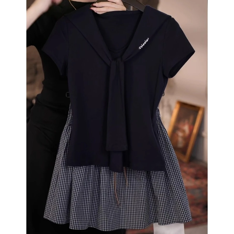 洋气减龄休闲时尚套装女夏季新款海军领短袖上衣半身裙两件套0971