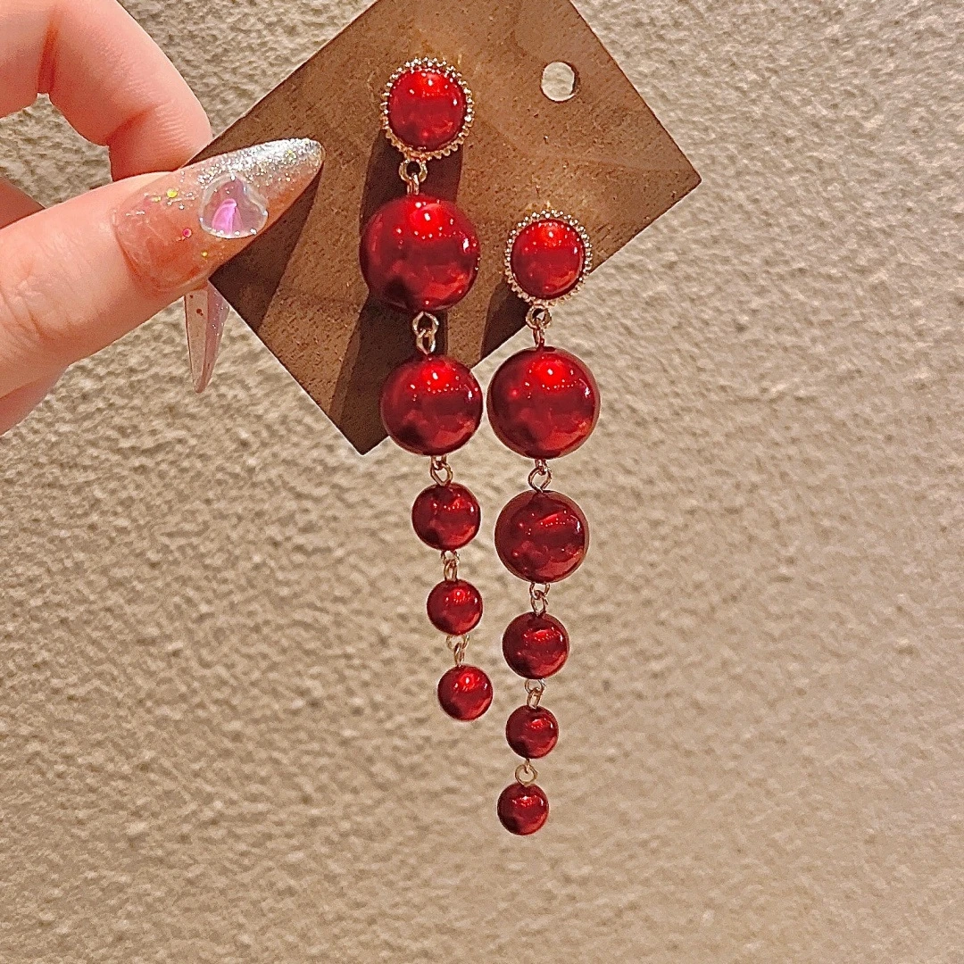 铜合金仿珍珠耳饰 欧美个性简约大气红色珍珠长款耳钉女时尚耳饰