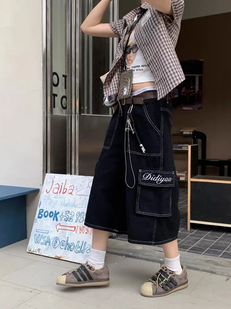 某保139！字母刺绣口袋七分牛仔裤男女同款