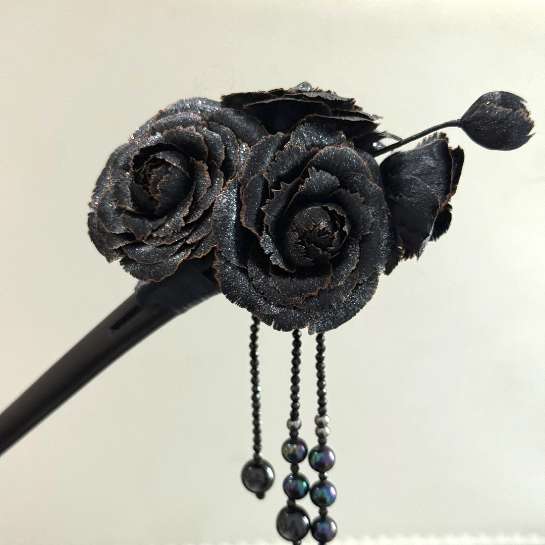 黑闪玫瑰发簪 非遗绒花手工发簪日常百搭款发饰头饰