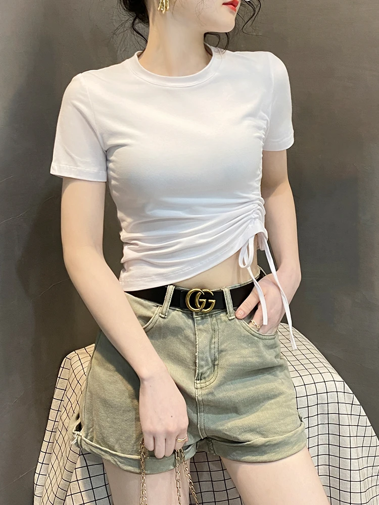 侧抽绳短款短袖T恤女夏高腰紧身性感露脐爵士上衣小心机漏肚脐装