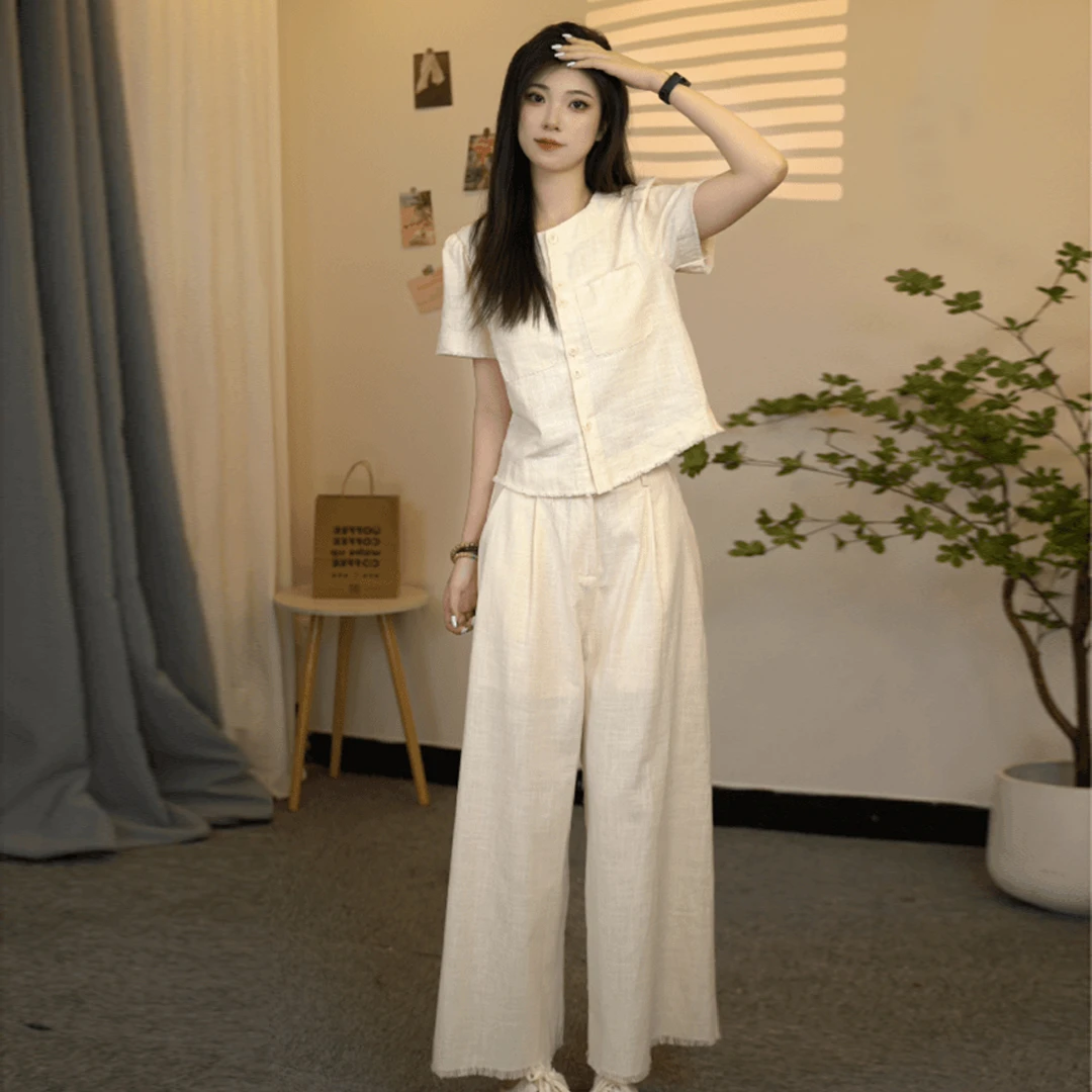 韩系2025夏季短袖毛边显瘦高腰清新上衣套装休闲时尚新款两件套女
