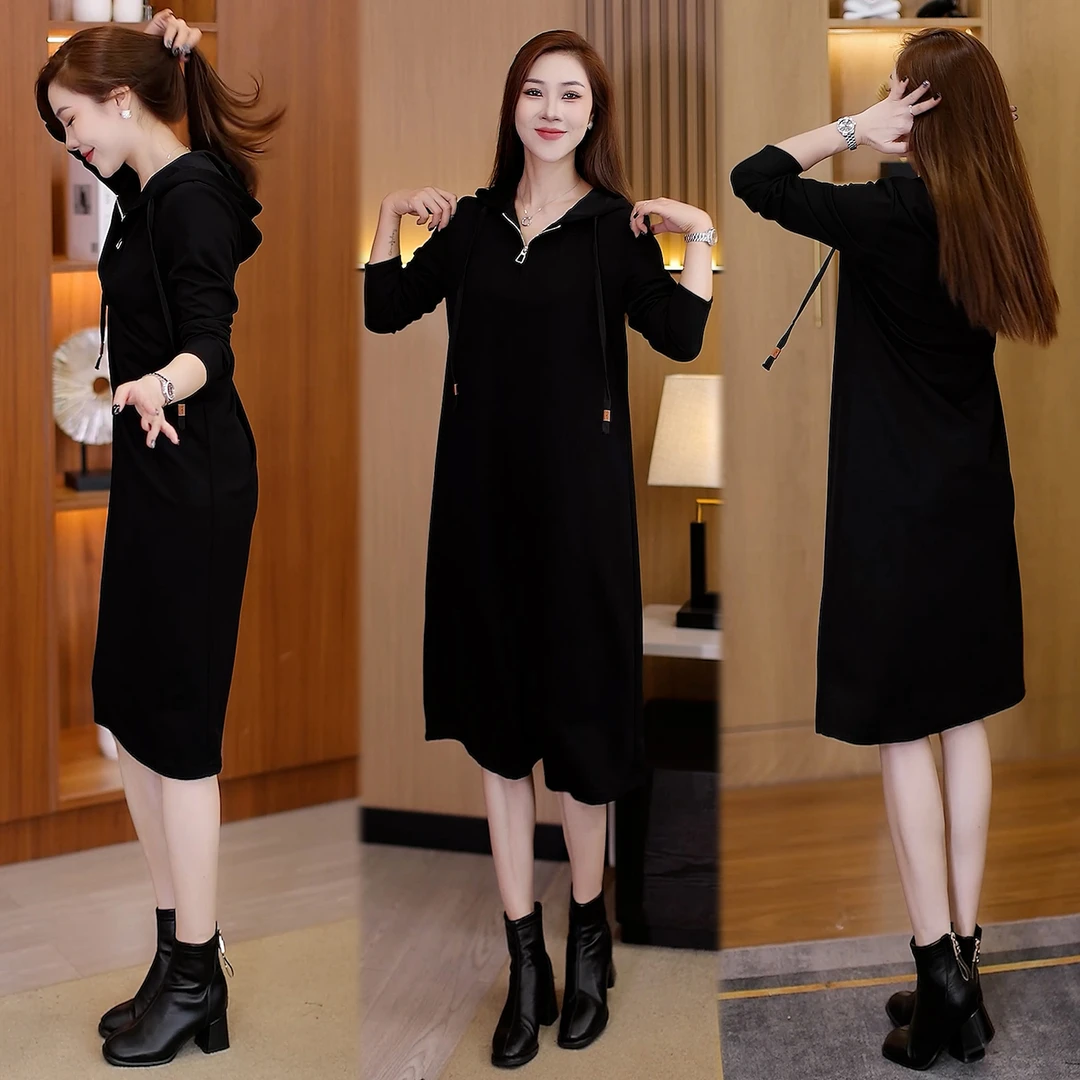 黑色减龄休闲显瘦连帽卫衣裙女2024秋季新款百搭时尚中长款连衣裙