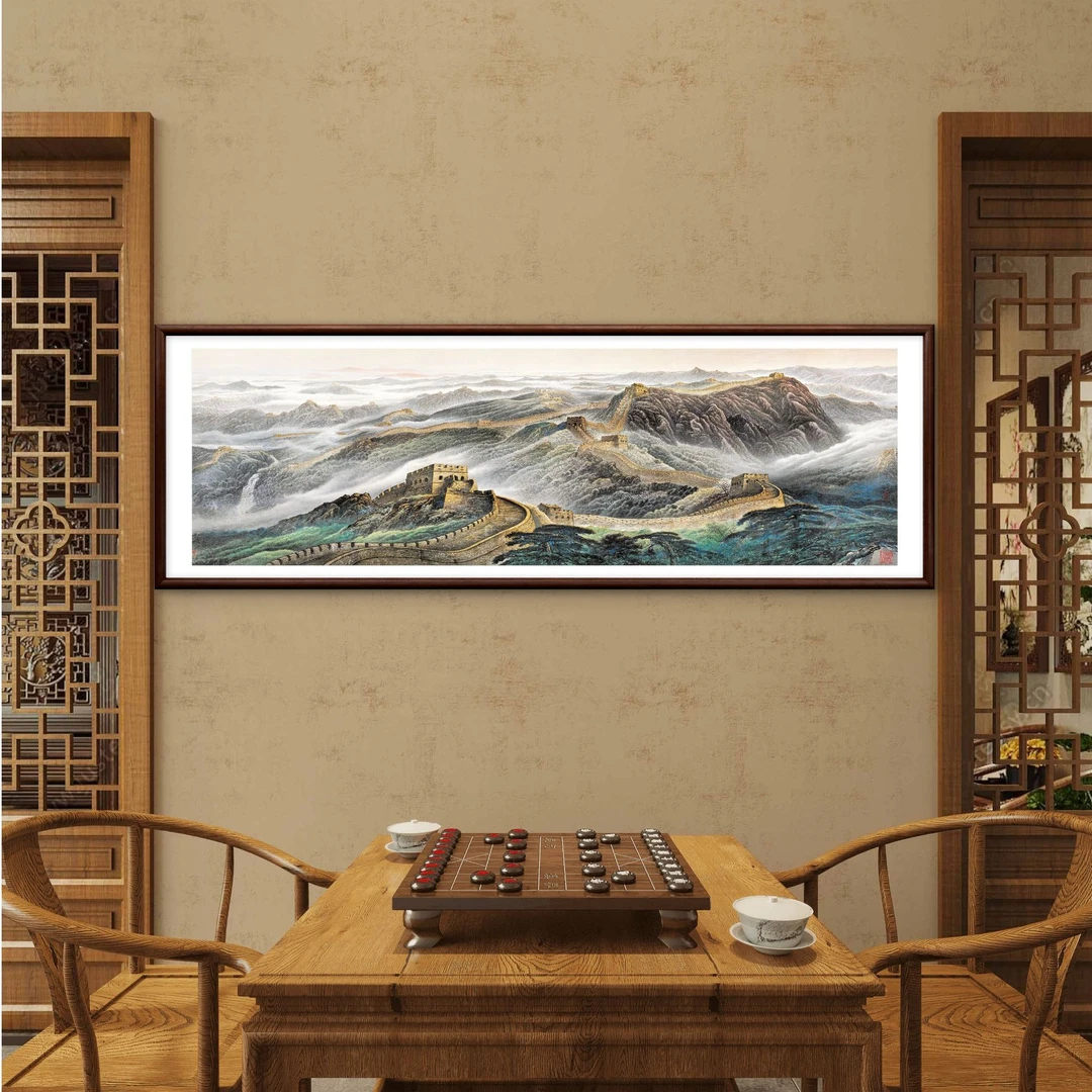 873-80*240万里长城中式装饰画实木框办公室玄关书房茶室客厅挂画