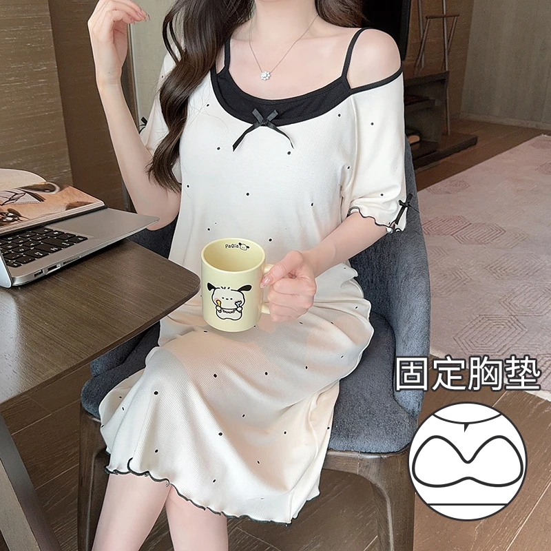 【悠梦乐园】白月光法式波点假两件木耳边可爱蝴蝶结睡裙夏季新款女