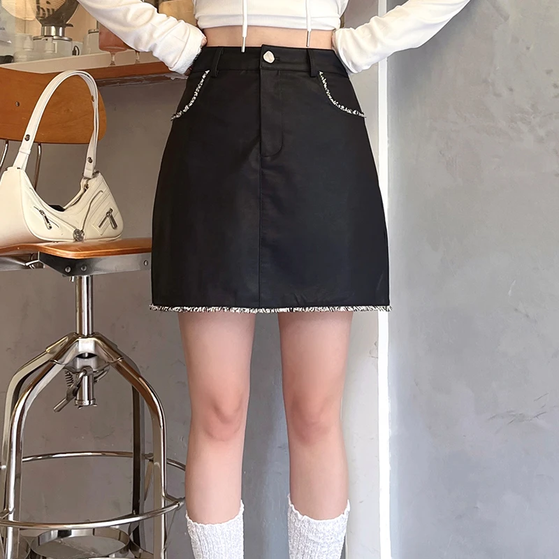 ISTYNI官方店毛边拼接皮裙半身裙高腰显瘦a字短裙女新款