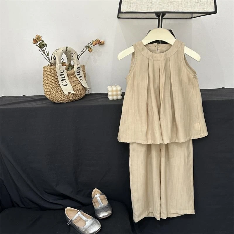 女童套装夏装2025新款夏季儿童气质无袖挂脖上衣阔腿九分裤两件套