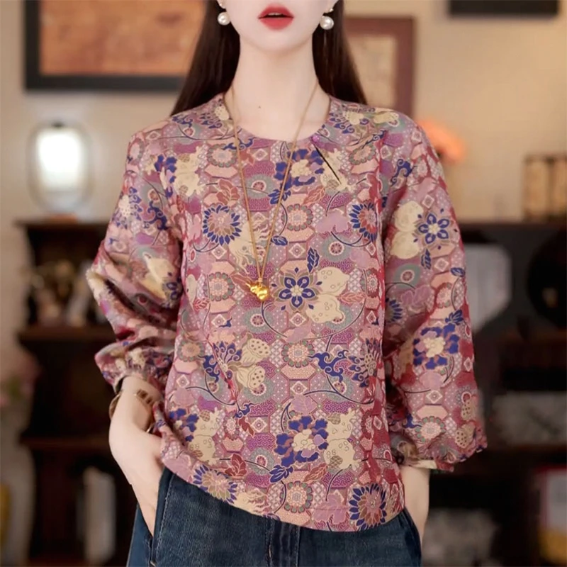 新中式国风改良宋锦提花圆领七分袖衬衫女装2025秋季新款气质上衣