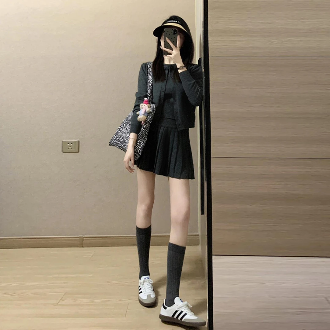 韩系高级感穿搭一整套早秋季灰色针织套装短裙0119