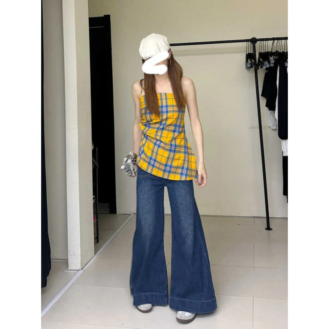 美式辣妹设计感不规则开叉黄色格子吊带背心女装夏季收腰无袖上衣