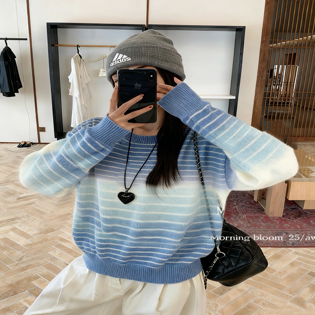 复古港风渐变色套头毛衣女秋冬高级感慵懒软糯宽松小个子百搭上衣