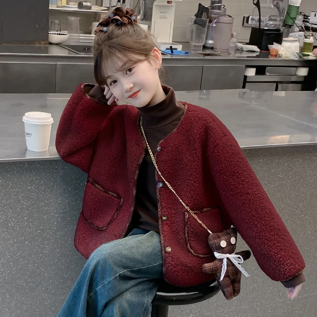 女童秋冬外套韩版2025新款洋气女孩毛毛衣夹克冬季保暖毛呢上衣潮