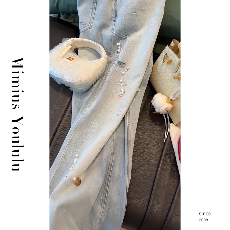 【mimius】Q 轻奢重工烫钻钉珠贝壳水洗高腰牛仔裤（无腰绳）WG04089