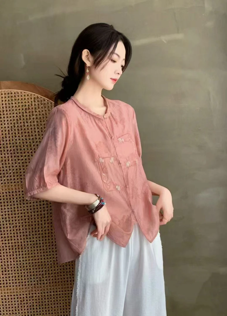1-100新中式棉刺绣衬衫麻女装夏季盘扣纯色气质薄款小衫套头洋气