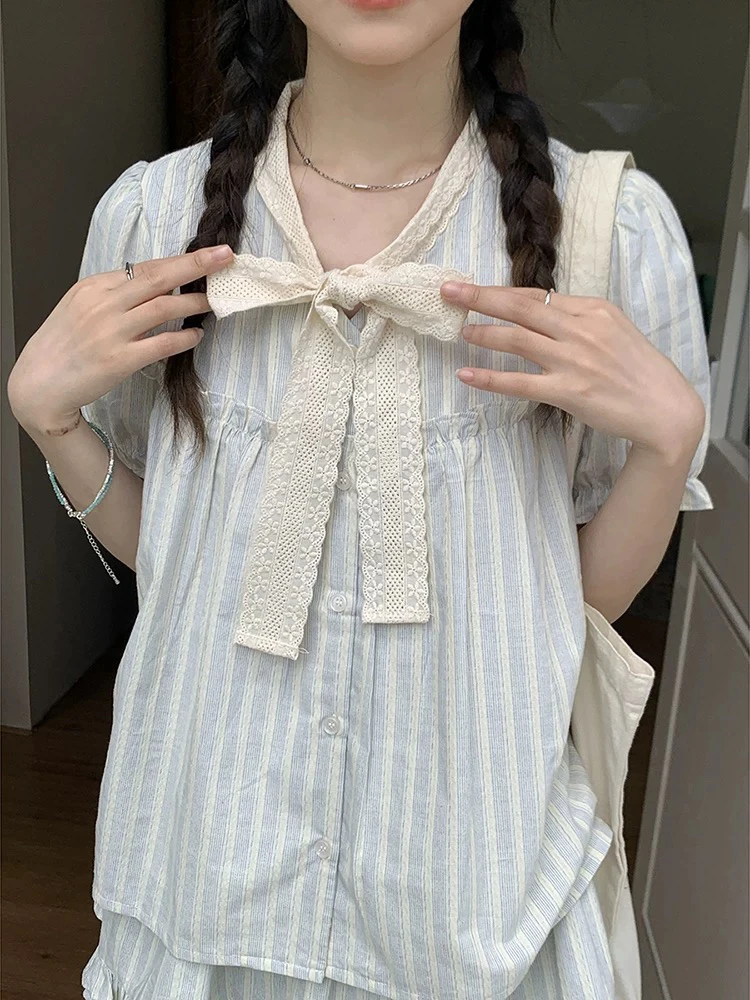 新疆包邮【CY1009】条纹蝴蝶结衬衫-衣长55