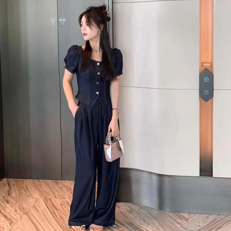 【两件套】2025夏新款薄款气质短袖上衣显瘦阔腿休闲裤套装女D2123