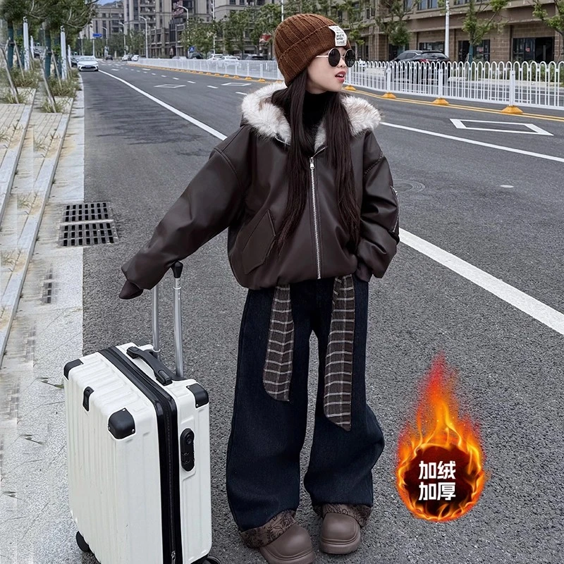 女童加绒裤子2025新款秋冬装儿童洋气时髦牛仔裤中大童装阔腿裤潮