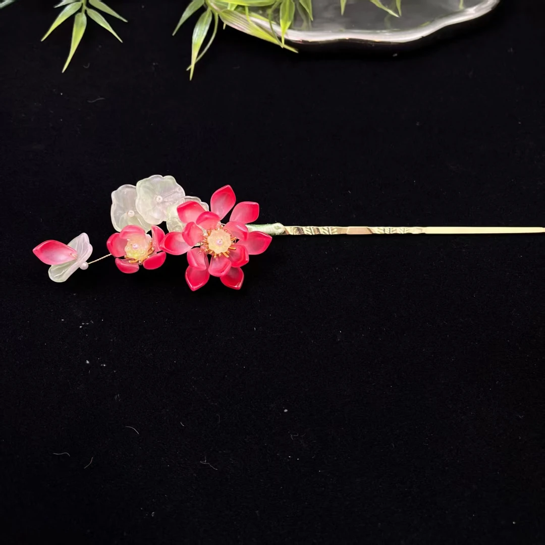 云鬓花古风饰品古装发饰仙气飘飘琉璃发簪 翠荷绯莲 汉服发冠B537