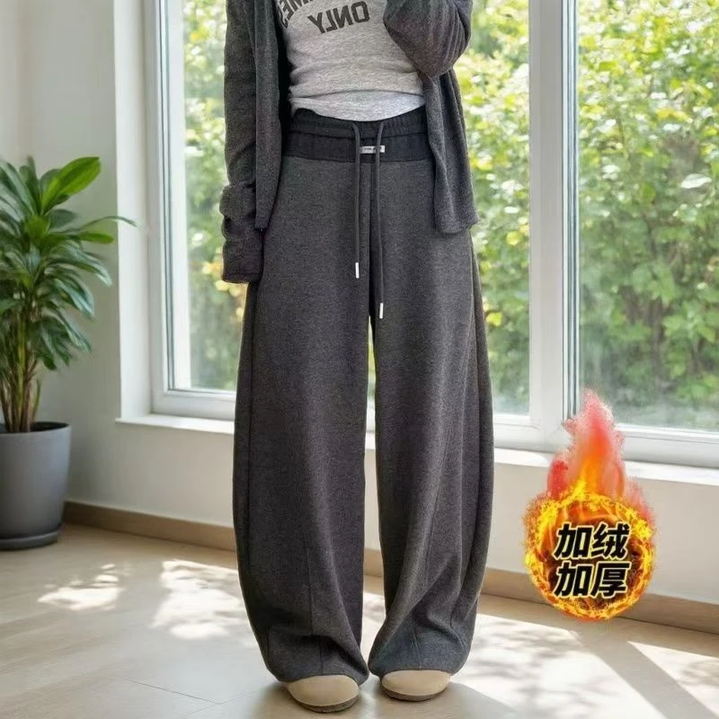 新款秋冬加绒撞色香蕉裤女欧款高腰抽绳宽松显瘦百搭阔腿休闲长裤