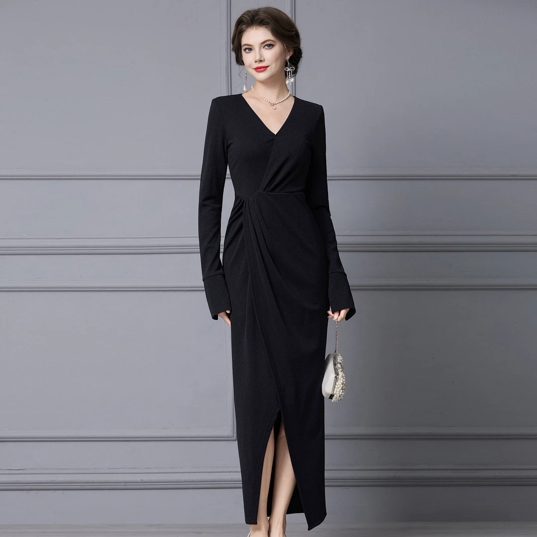 枝荔2025秋季连衣裙女新款轻奢高级感重要场合漂亮高个黑色长裙子