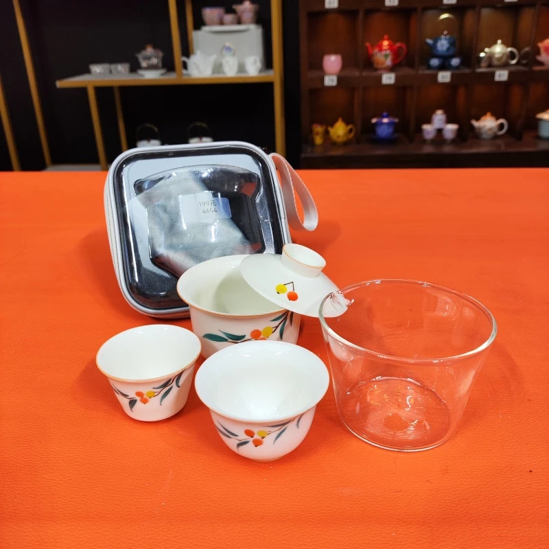 德化云仓  柿柿如意陶瓷旅行茶具一盖碗三杯  4654