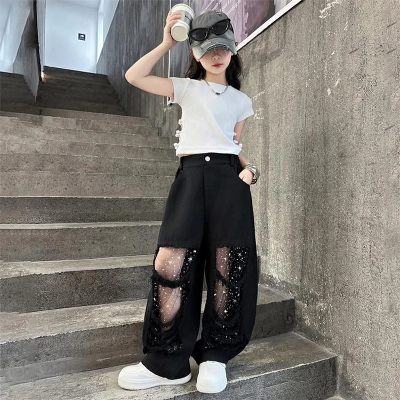 女童夏季套装2025新款洋气时髦中大童儿童韩版网红破洞裤两件套潮