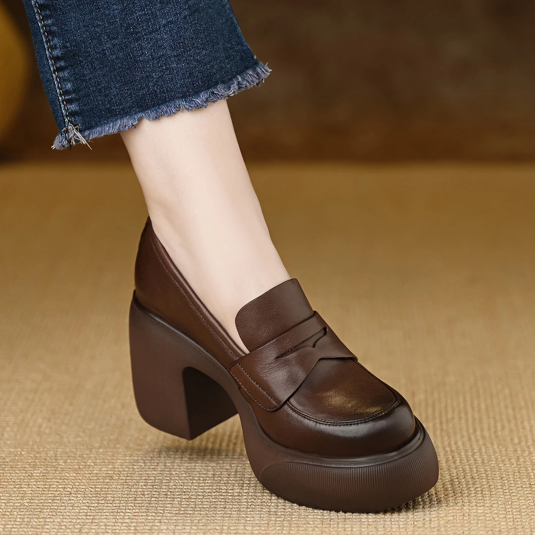 不累脚8.5cm轻便厚底乐福鞋新款圆头粗跟真皮单鞋女防水台高跟鞋